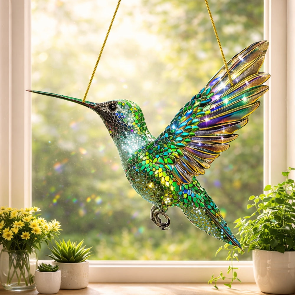 Colorful Hummingbird Window Ornament — Transparent Acrylic Prism Suncatcher