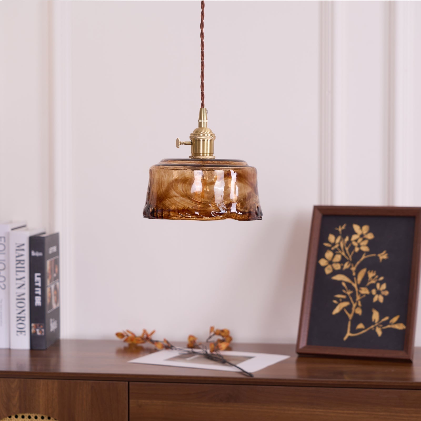 Vintage Brass And Amber Glass Pendant Light For Dining Rooms And Bars E26 E27 40W Max