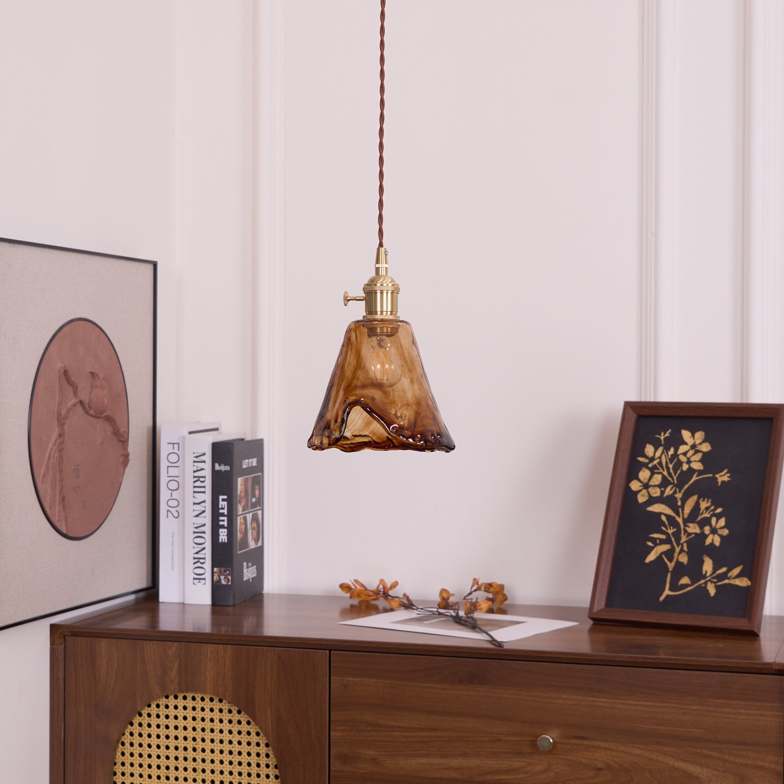Vintage Brass And Amber Glass Pendant Light For Dining Rooms And Bars E26 E27 40W Max