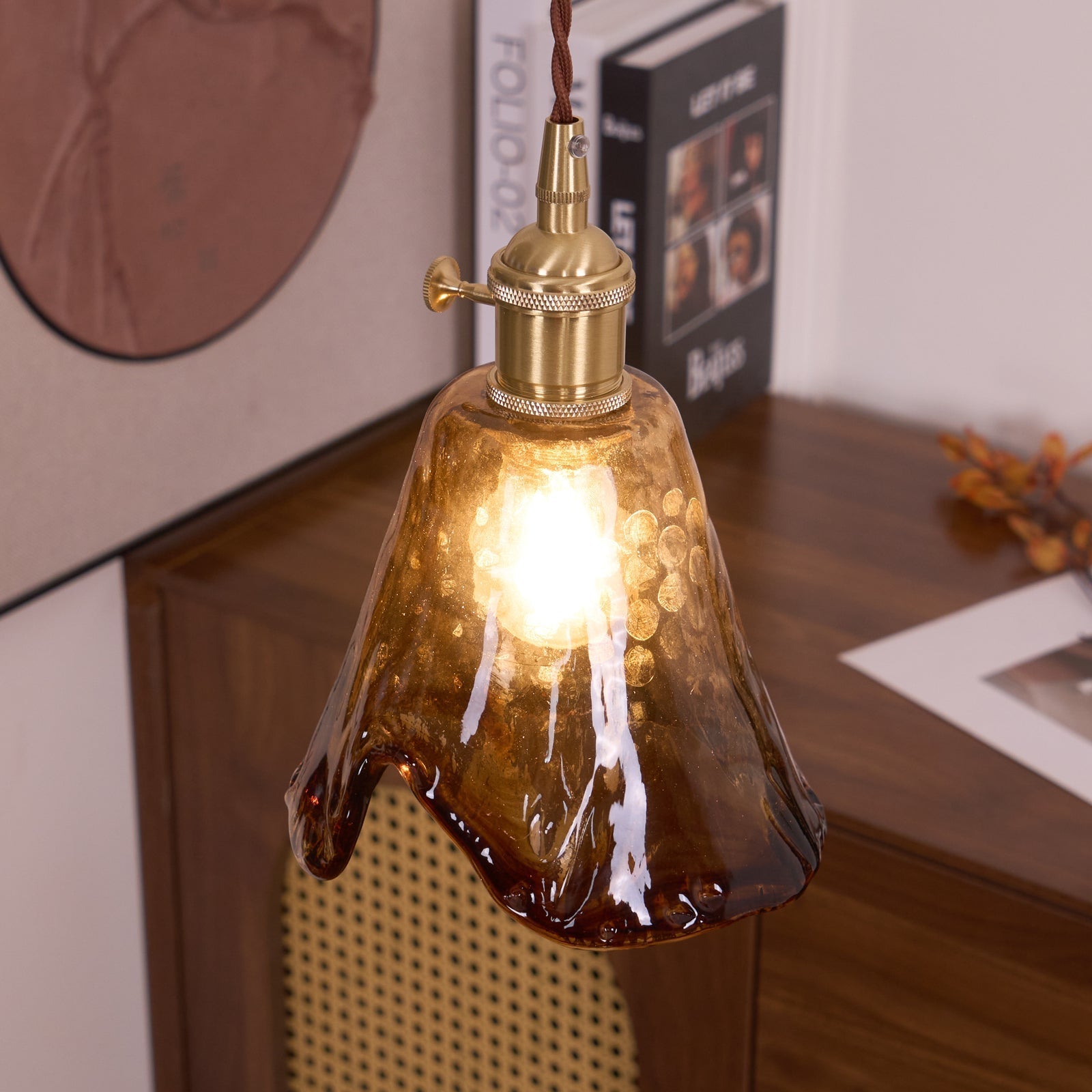 Vintage Brass And Amber Glass Pendant Light For Dining Rooms And Bars E26 E27 40W Max