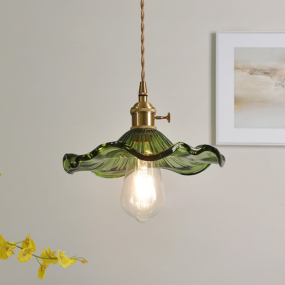 Aurelia Elegant Glass And Pendant Light In Vintage Green Ripple Shade With Brass Accents