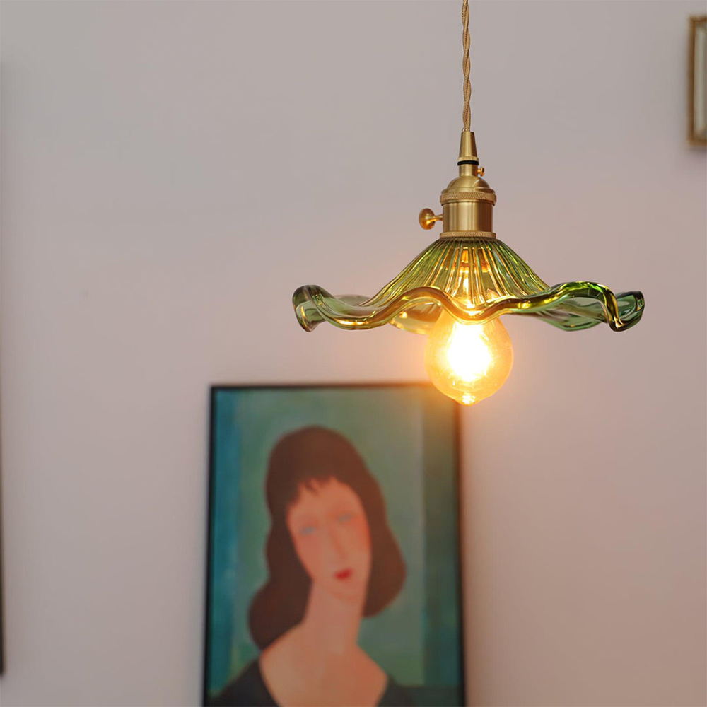 Aurelia Elegant Glass And Pendant Light In Vintage Green Ripple Shade With Brass Accents