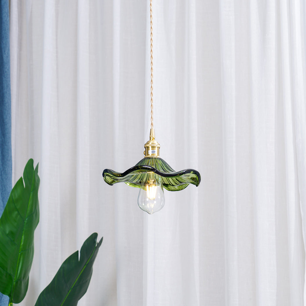 Aurelia Elegant Glass And Pendant Light In Vintage Green Ripple Shade With Brass Accents
