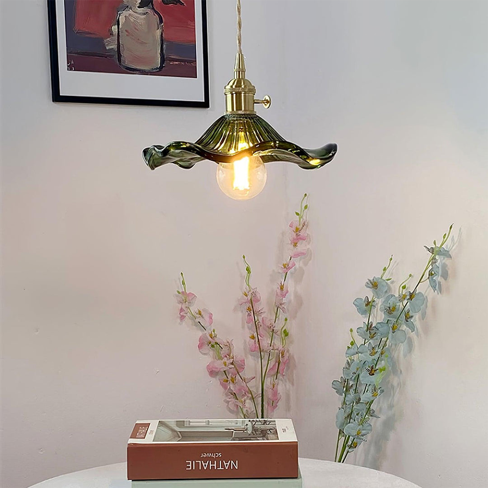 Aurelia Elegant Glass And Pendant Light In Vintage Green Ripple Shade With Brass Accents