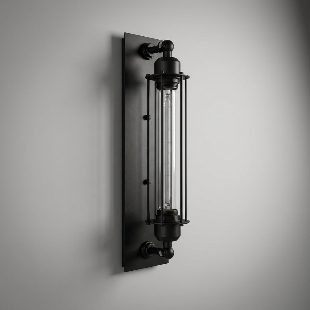 Industrial Black Wall Light With Glass Cage And LED Included