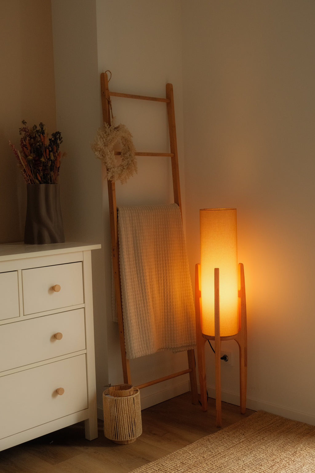 Serene Linen Shade Floor Lamp With Natural Wood Frame