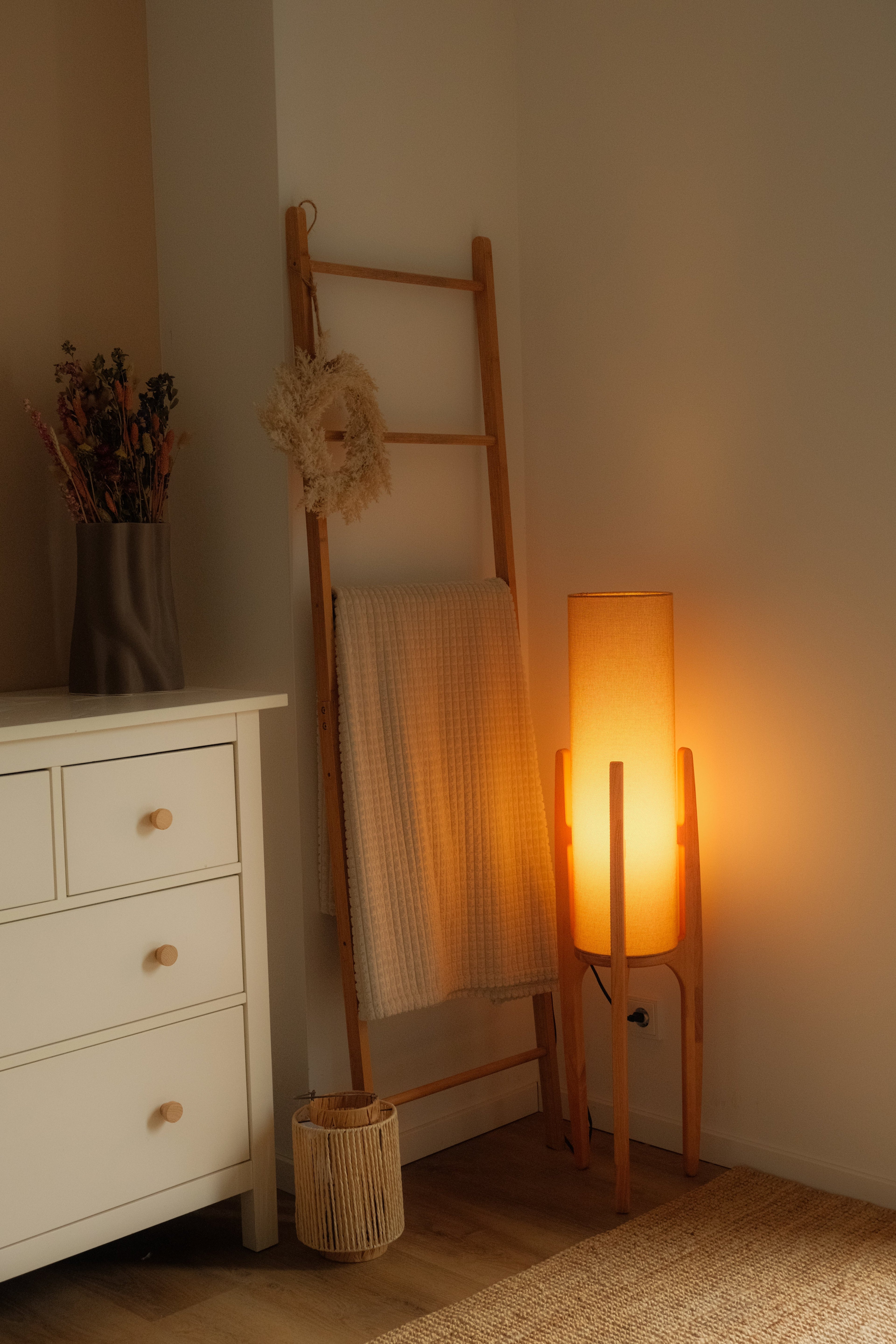 Serene Linen Shade Floor Lamp With Natural Wood Frame