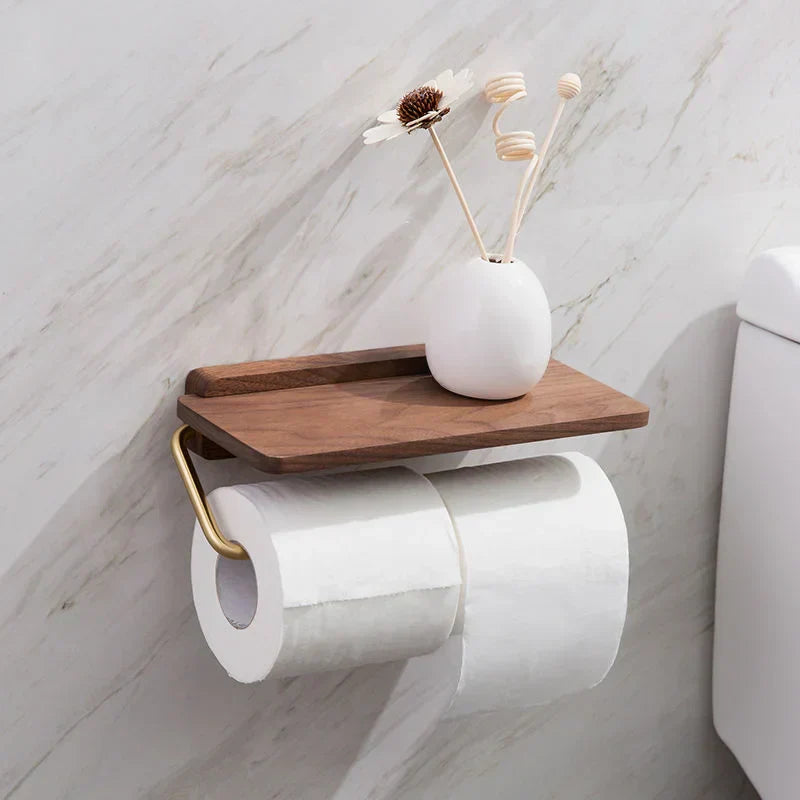 Walnut Wood Wall Mount Shelf For Toilet Roll - Brown Finish