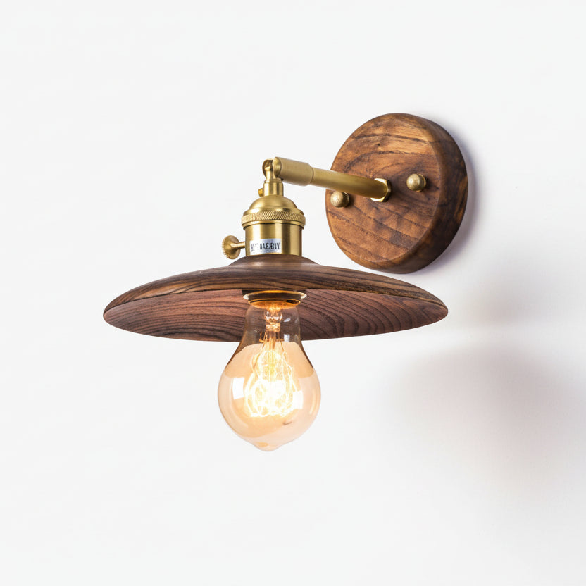 Japandi Walnut Wood Wall Lamp With Brass Accents, E27, Round 20cm