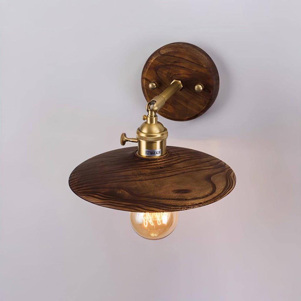 Japandi Walnut Wood Wall Lamp With Brass Accents, E27, Round 20cm