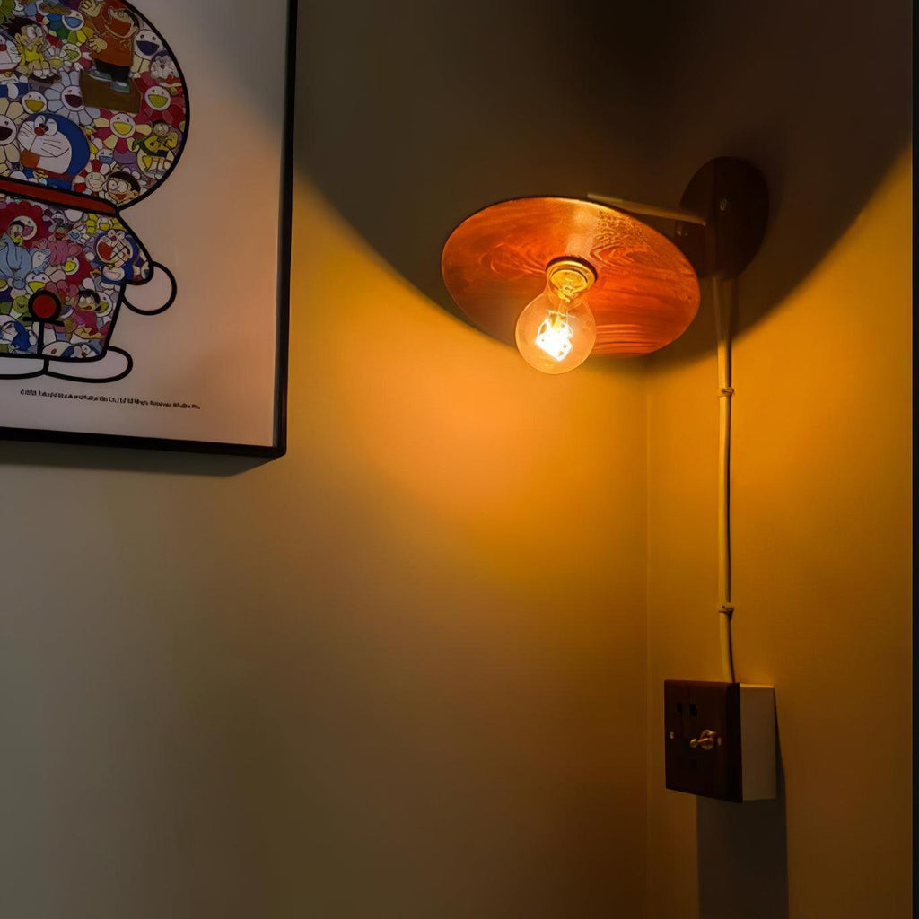 Japandi Walnut Wood Wall Lamp With Brass Accents, E27, Round 20cm