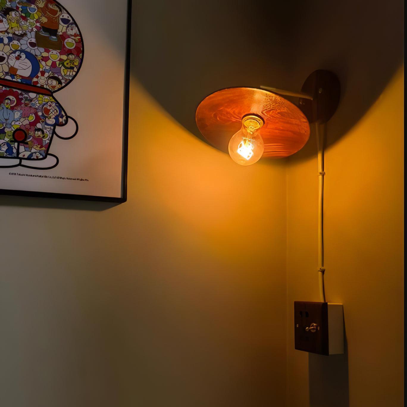 Japandi Walnut Wood Wall Lamp With Brass Accents, E27, Round 20cm