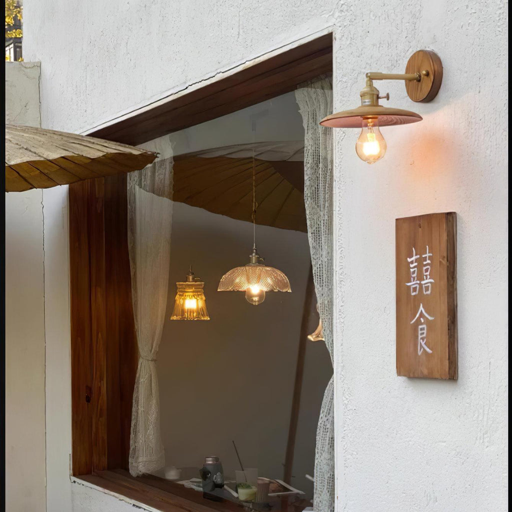 Japandi Walnut Wood Wall Lamp With Brass Accents, E27, Round 20cm