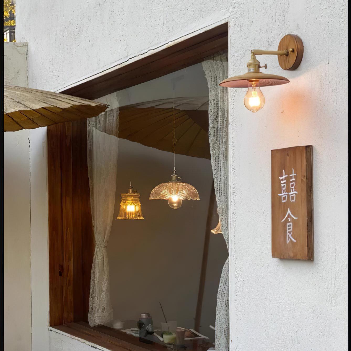 Japandi Walnut Wood Wall Lamp With Brass Accents, E27, Round 20cm