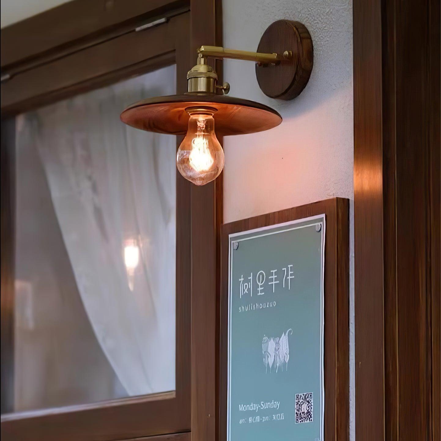 Japandi Walnut Wood Wall Lamp With Brass Accents, E27, Round 20cm