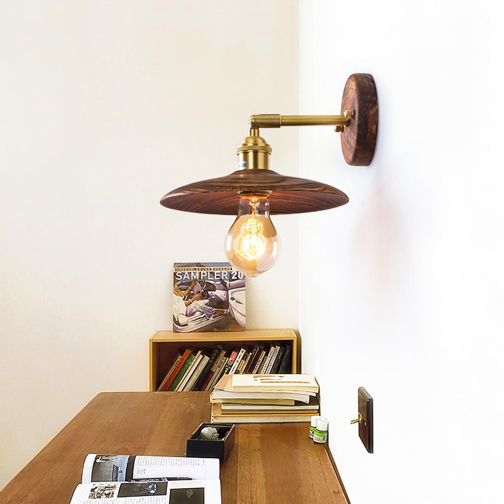 Japandi Walnut Wood Wall Lamp With Brass Accents, E27, Round 20cm