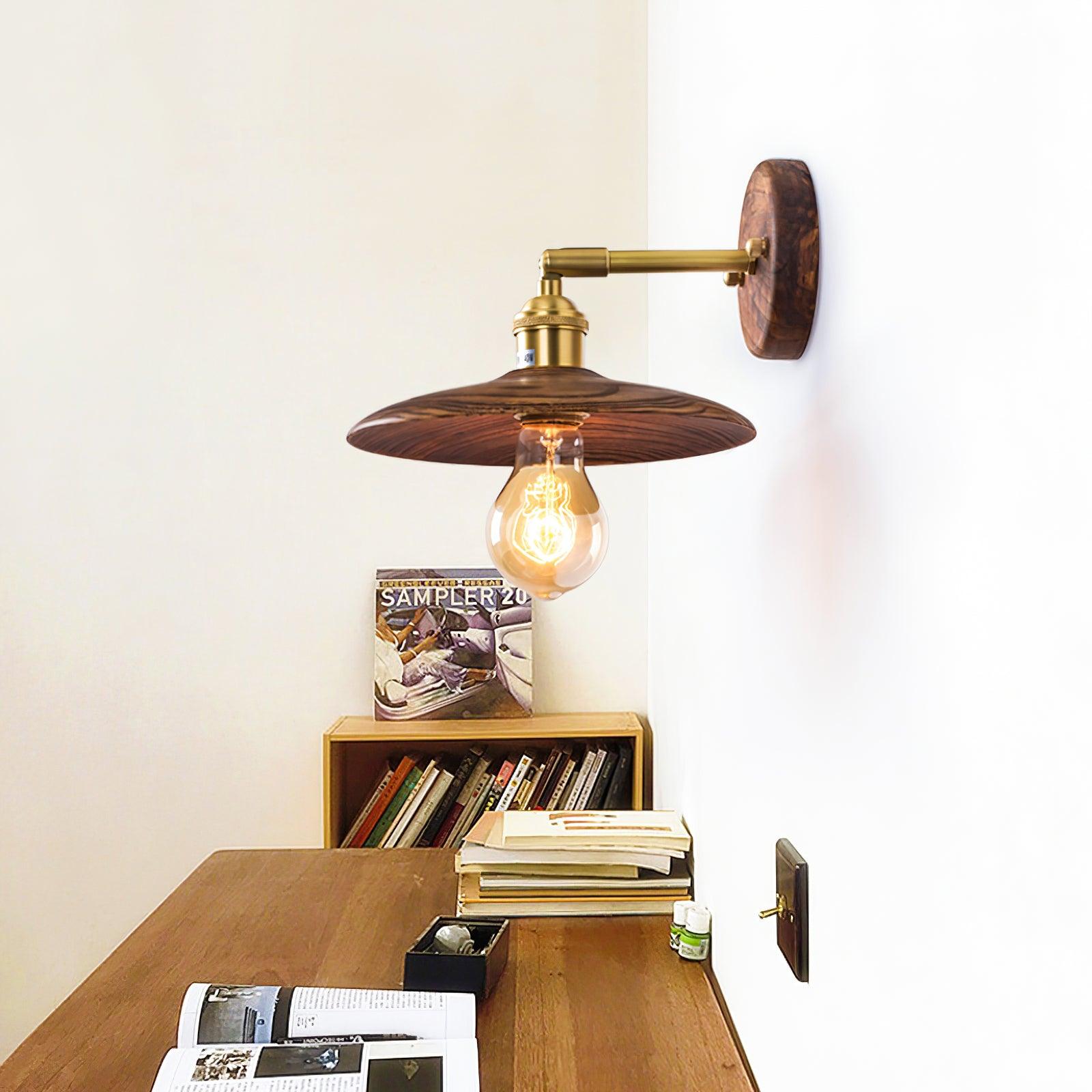 Japandi Walnut Wood Wall Lamp With Brass Accents, E27, Round 20cm