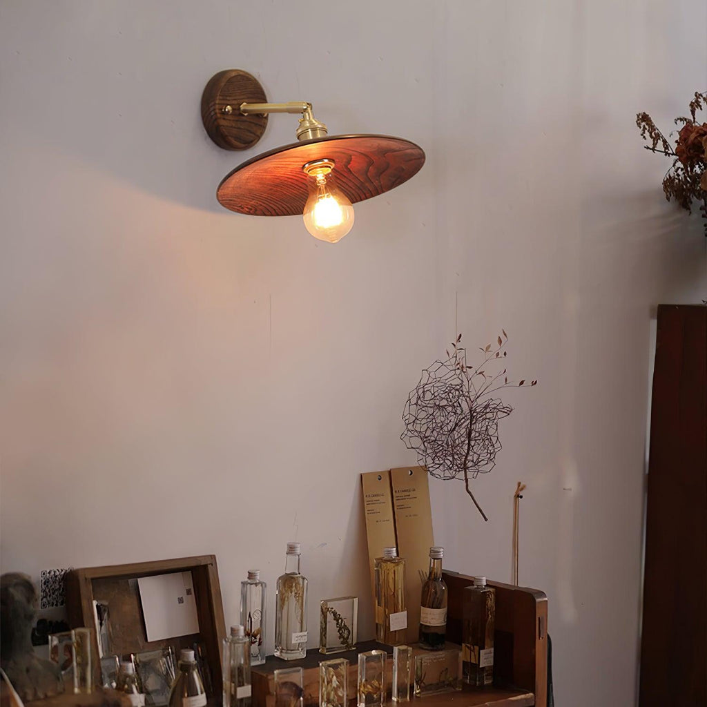 Japandi Walnut Wood Wall Lamp With Brass Accents, E27, Round 20cm