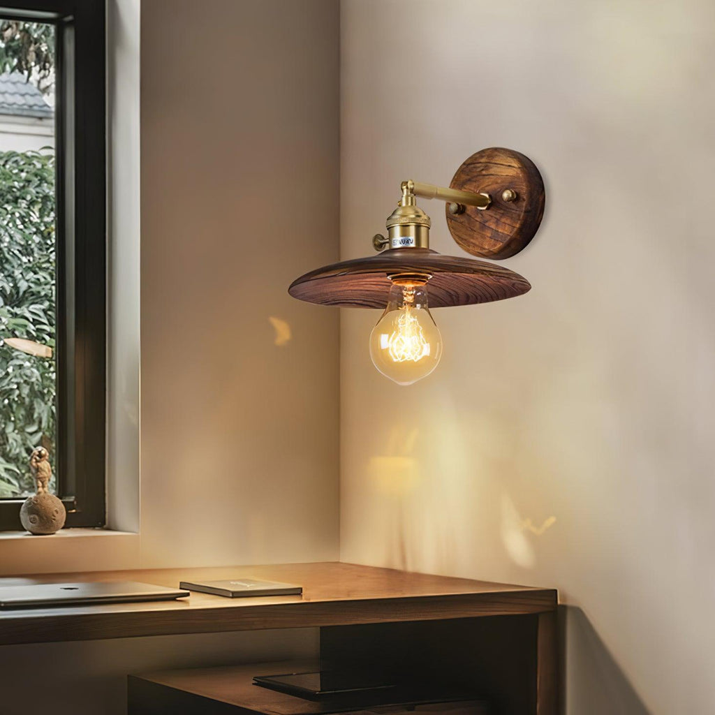 Japandi Walnut Wood Wall Lamp With Brass Accents, E27, Round 20cm