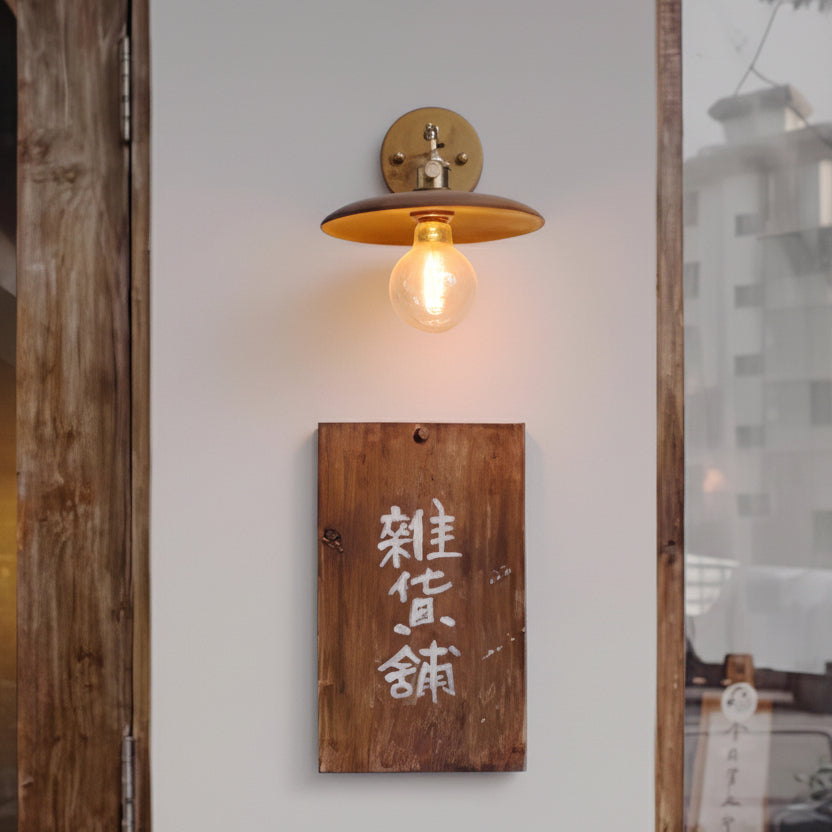 Japandi Walnut Wood Wall Lamp With Brass Accents, E27, Round 20cm