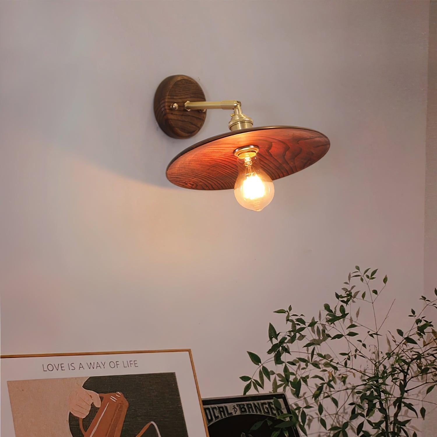 Japandi Walnut Wood Wall Lamp With Brass Accents, E27, Round 20cm