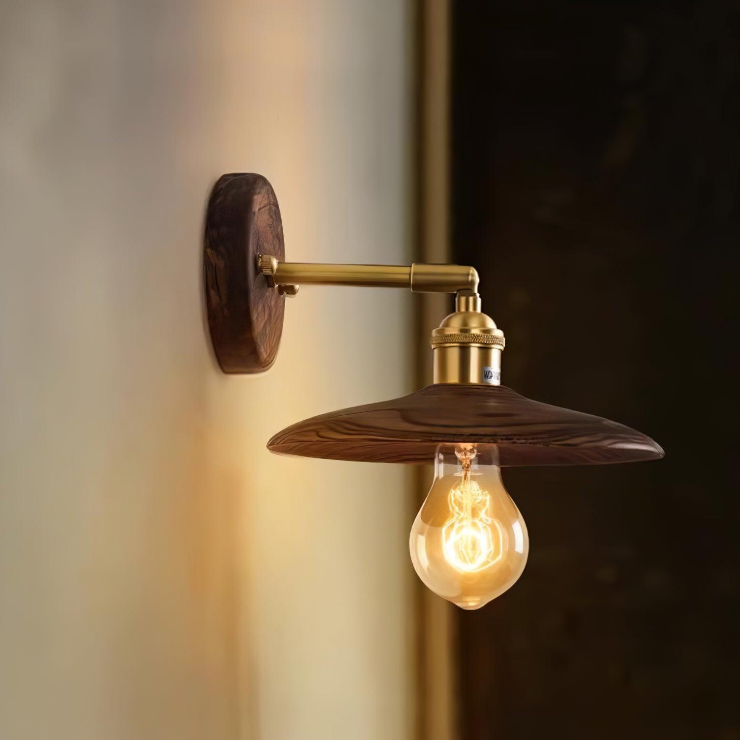 Japandi Walnut Wood Wall Lamp With Brass Accents, E27, Round 20cm