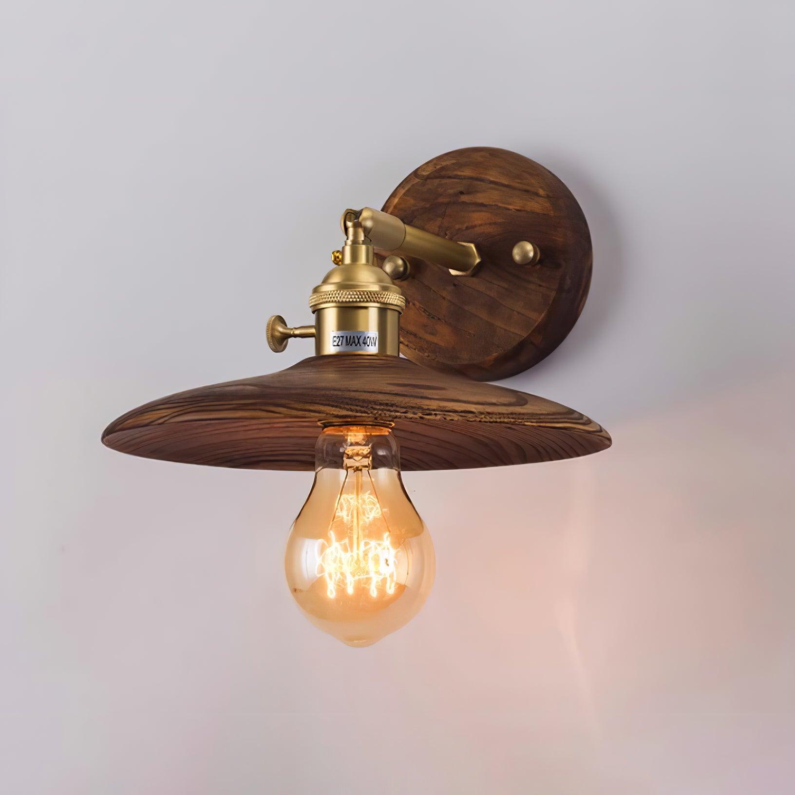 Japandi Walnut Wood Wall Lamp With Brass Accents, E27, Round 20cm