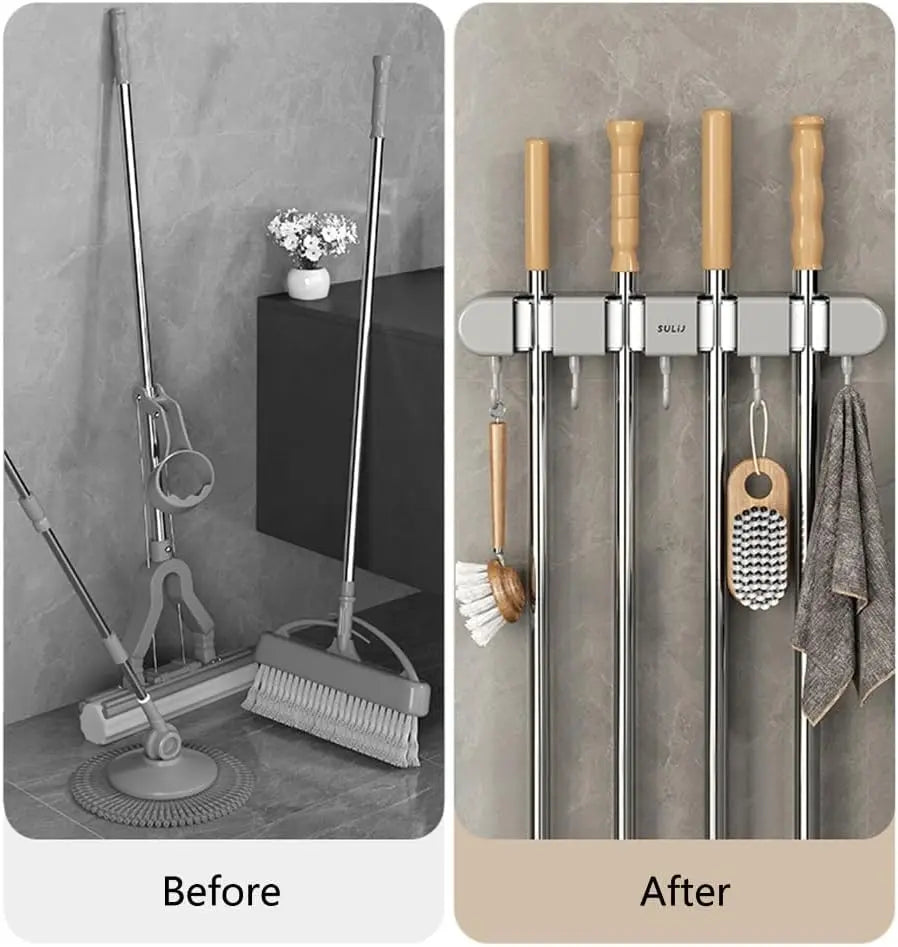 Wall-Mounted Broom Mop Organizer With Four Hangers And Five Hooks
