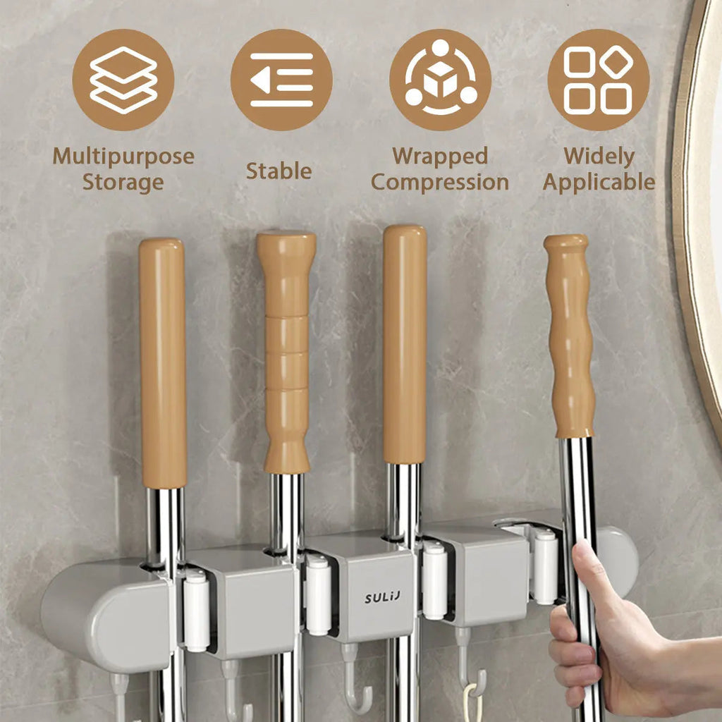 Wall-Mounted Broom Mop Organizer With Four Hangers And Five Hooks