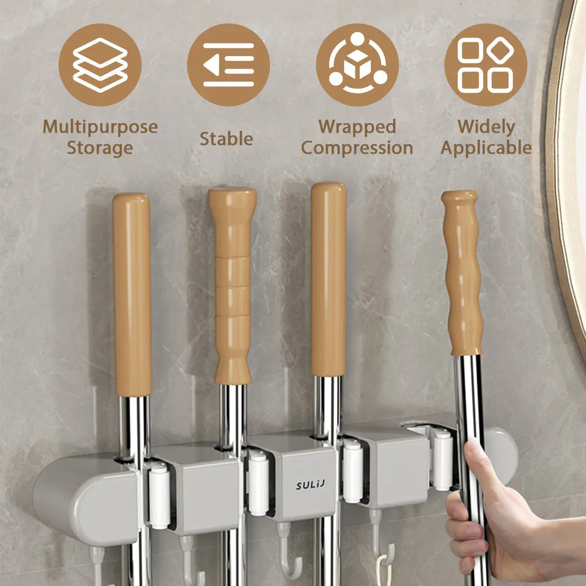 Wall-Mounted Broom Mop Organizer With Four Hangers And Five Hooks