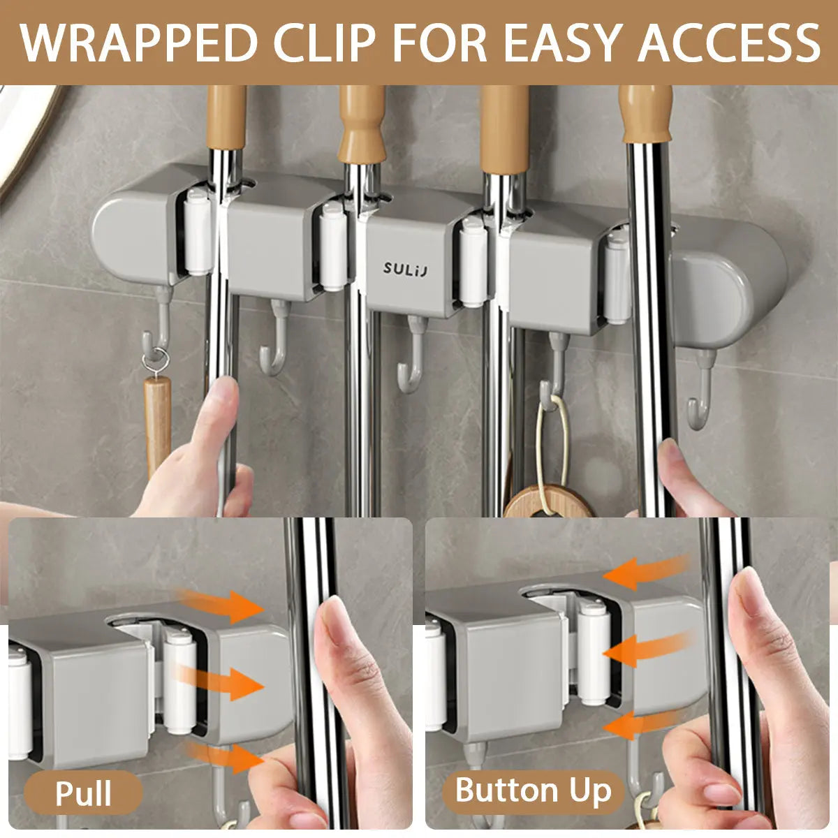 Wall-Mounted Broom Mop Organizer With Four Hangers And Five Hooks