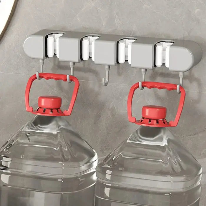 Wall-Mounted Broom Mop Organizer With Four Hangers And Five Hooks