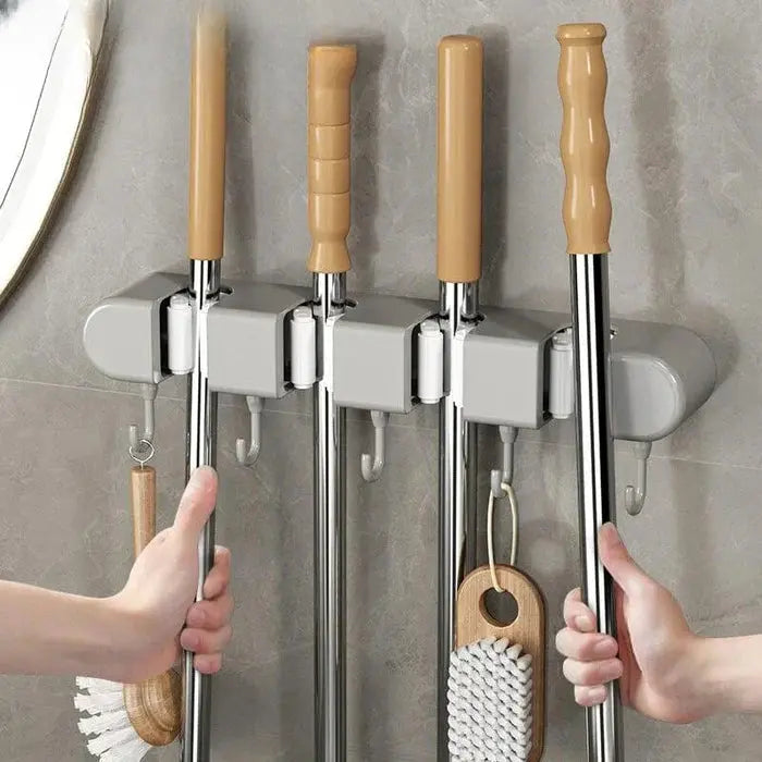 Wall-Mounted Broom Mop Organizer With Four Hangers And Five Hooks