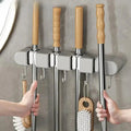 Wall-Mounted Broom Mop Organizer With Four Hangers And Five Hooks