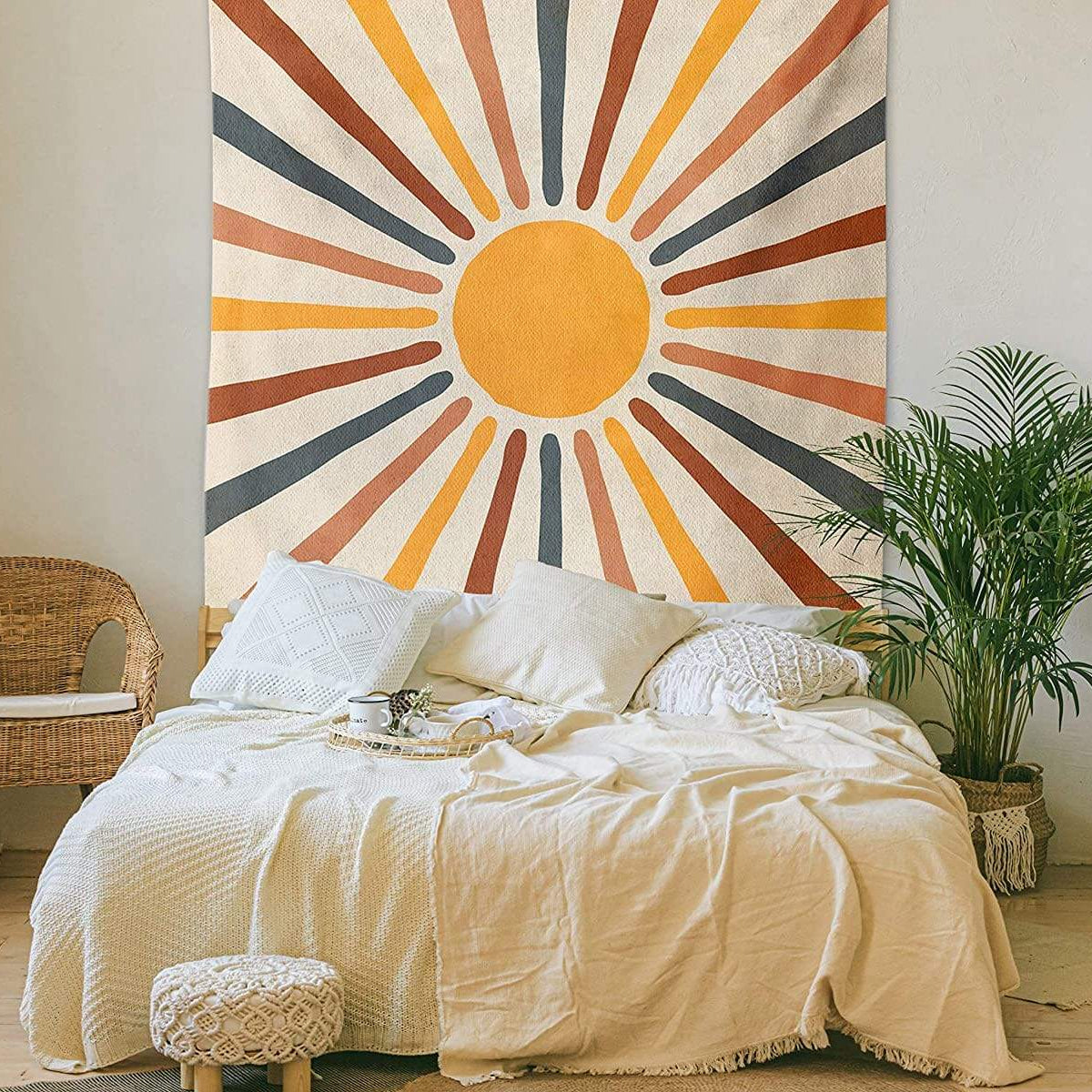 Tenture murale bohème à motif solaire — Mélange polyester-coton, jusqu’à 230 × 150 cm