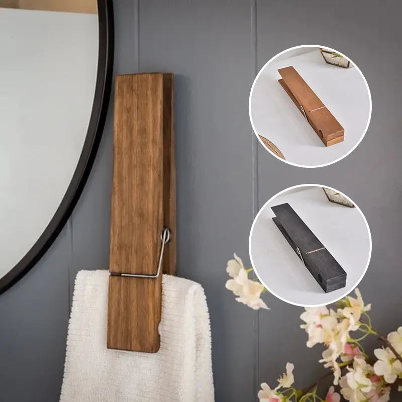 Dřevěný věšák na zeď ve tvaru kolíčku na prádlo pro ručníky a oblečení v přírodním designu do koupelny