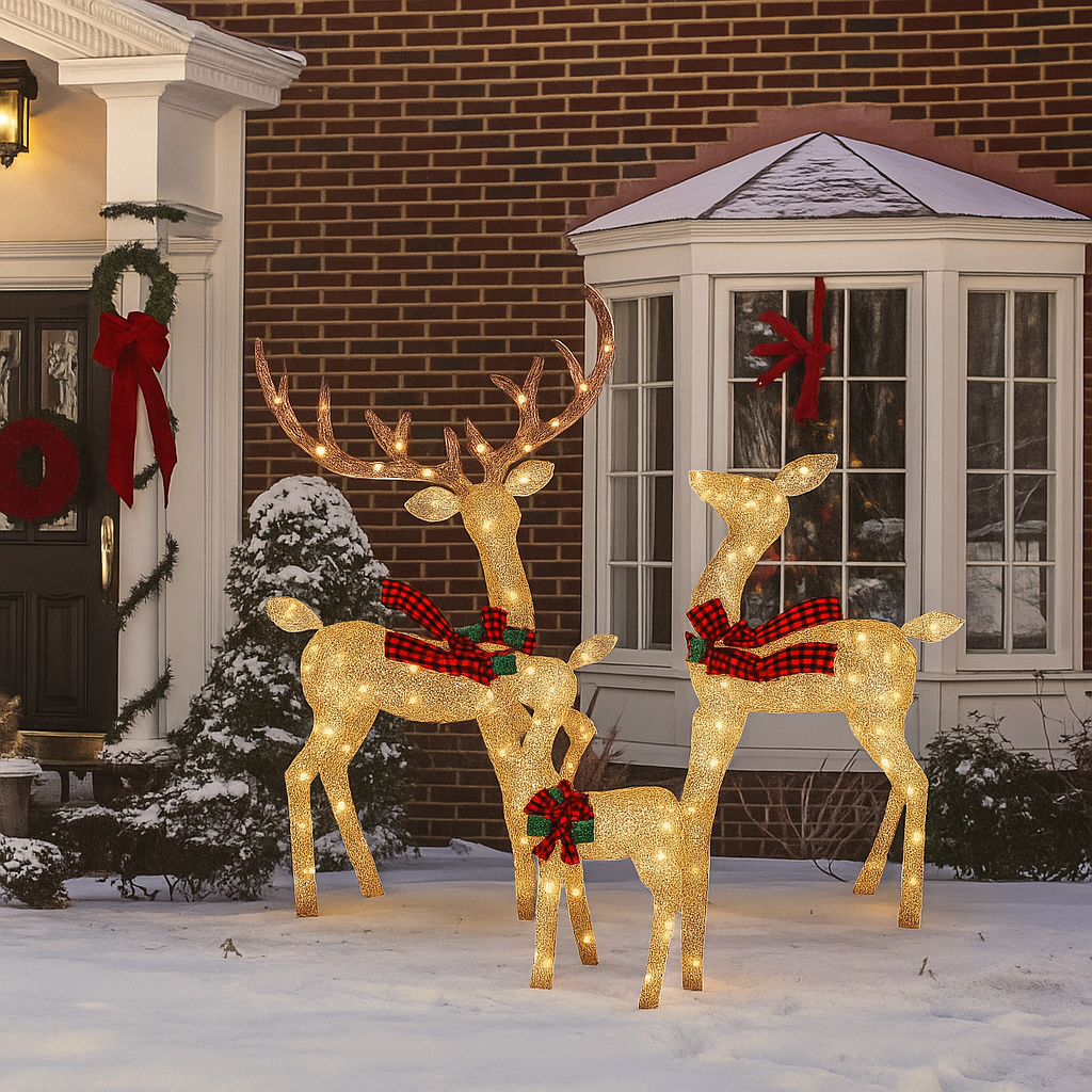 Rattan Design Illuminated Reindeer Family Outdoor Christmas Decoration, 3-Piece Set