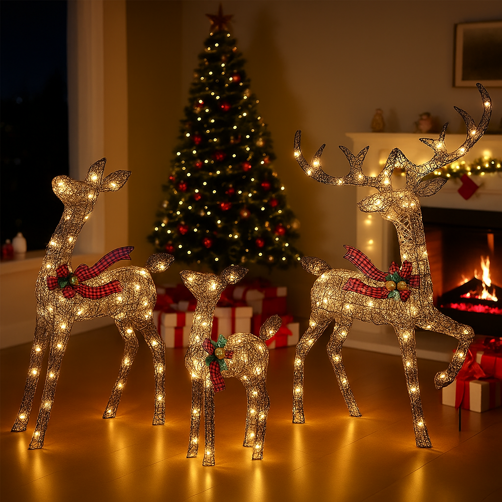 Rattan Design Illuminated Reindeer Family Outdoor Christmas Decoration, 3-Piece Set