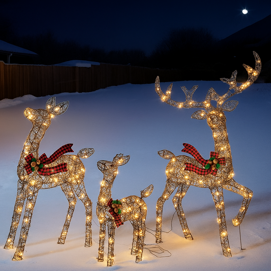 Rattan Design Illuminated Reindeer Family Outdoor Christmas Decoration, 3-Piece Set