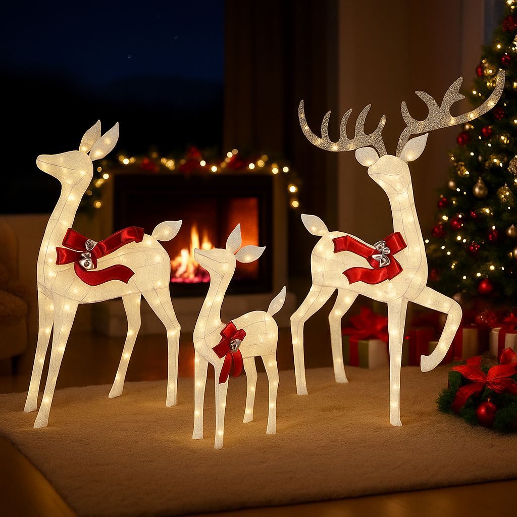 Rattan Design Illuminated Reindeer Family Outdoor Christmas Decoration, 3-Piece Set