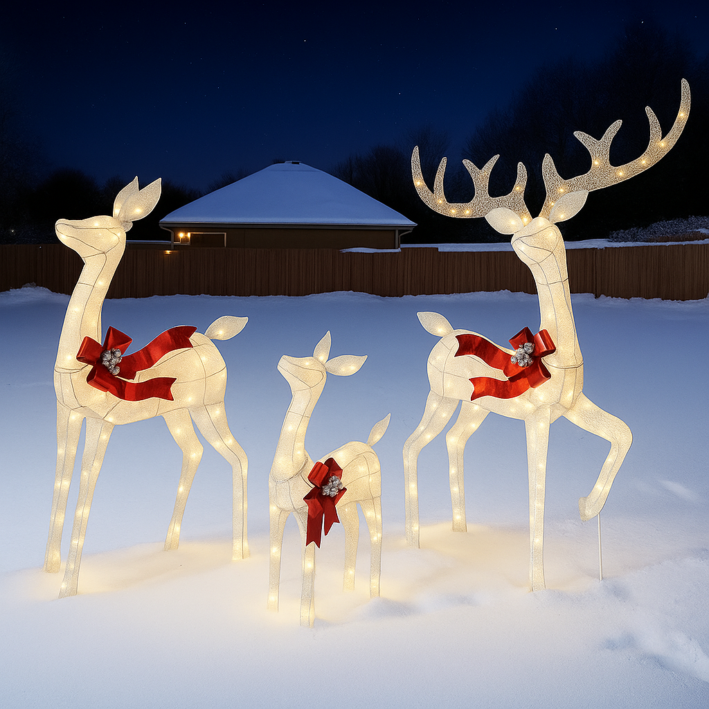 Rattan Design Illuminated Reindeer Family Outdoor Christmas Decoration, 3-Piece Set