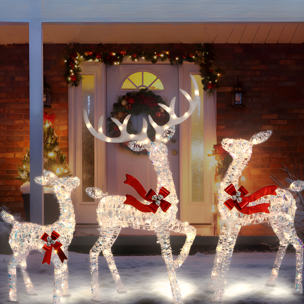 Rattan Design Illuminated Reindeer Family Outdoor Christmas Decoration, 3-Piece Set