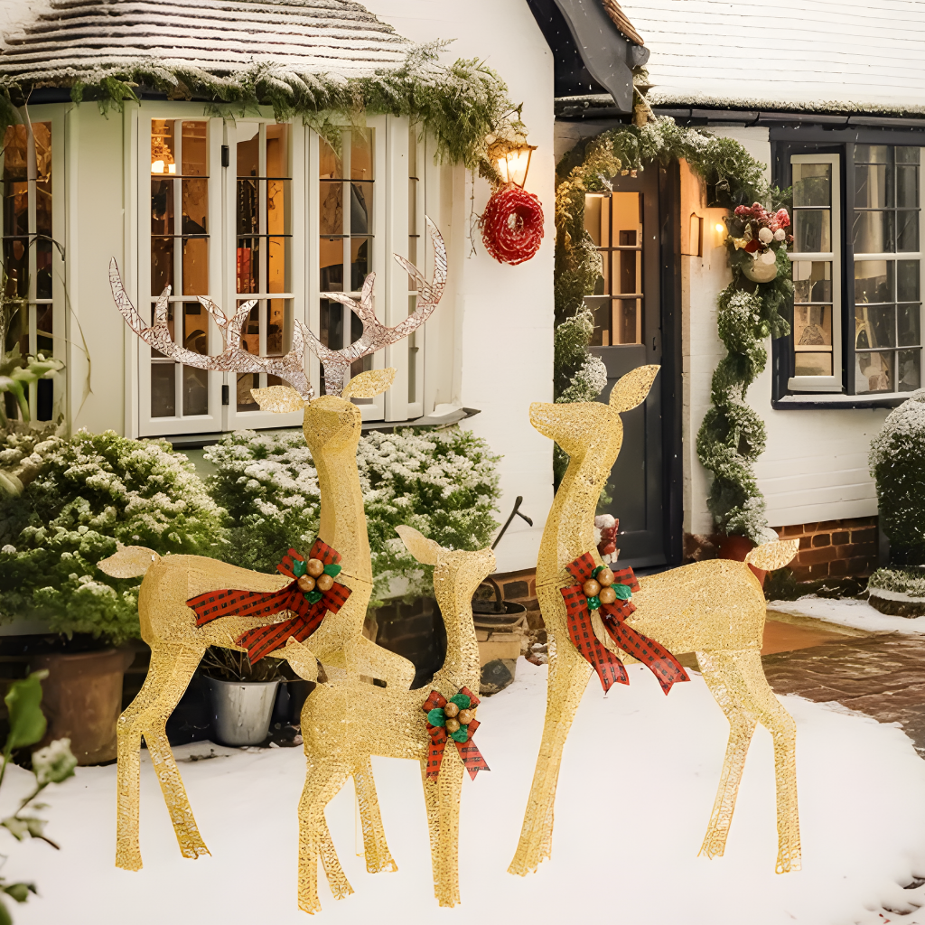 Rattan Design Illuminated Reindeer Family Outdoor Christmas Decoration, 3-Piece Set