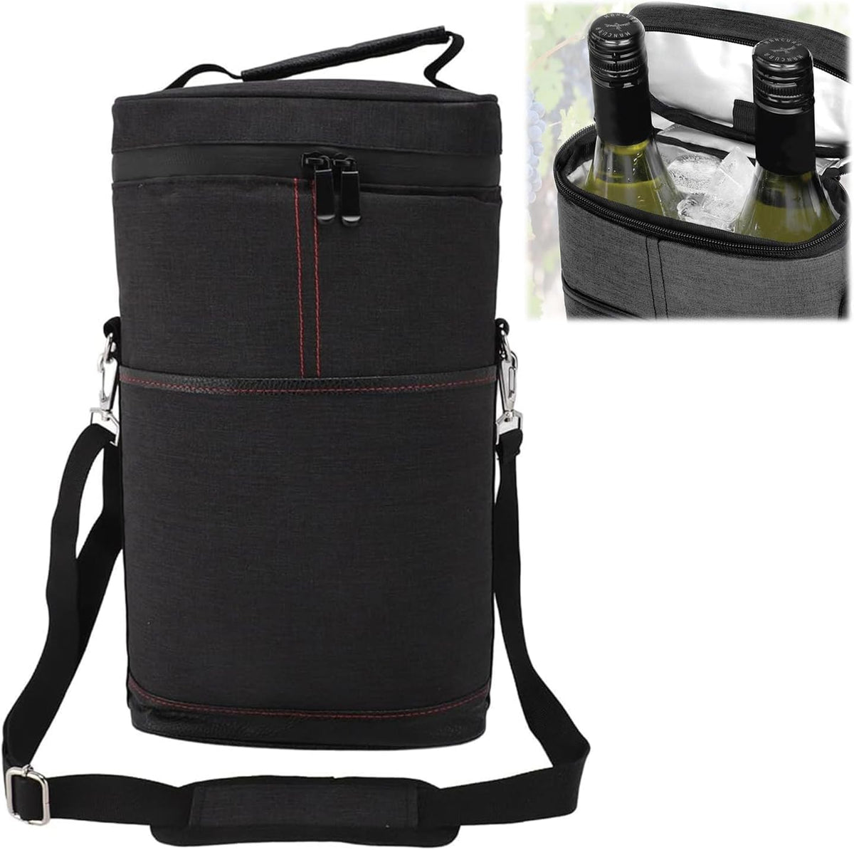 Robuste isolierte Kühltasche aus Canvas – Weintragetasche für zwei Flaschen, verstellbarer Trageriemen