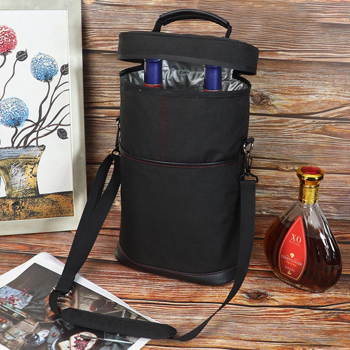 Robuste isolierte Kühltasche aus Canvas – Weintragetasche für zwei Flaschen, verstellbarer Trageriemen