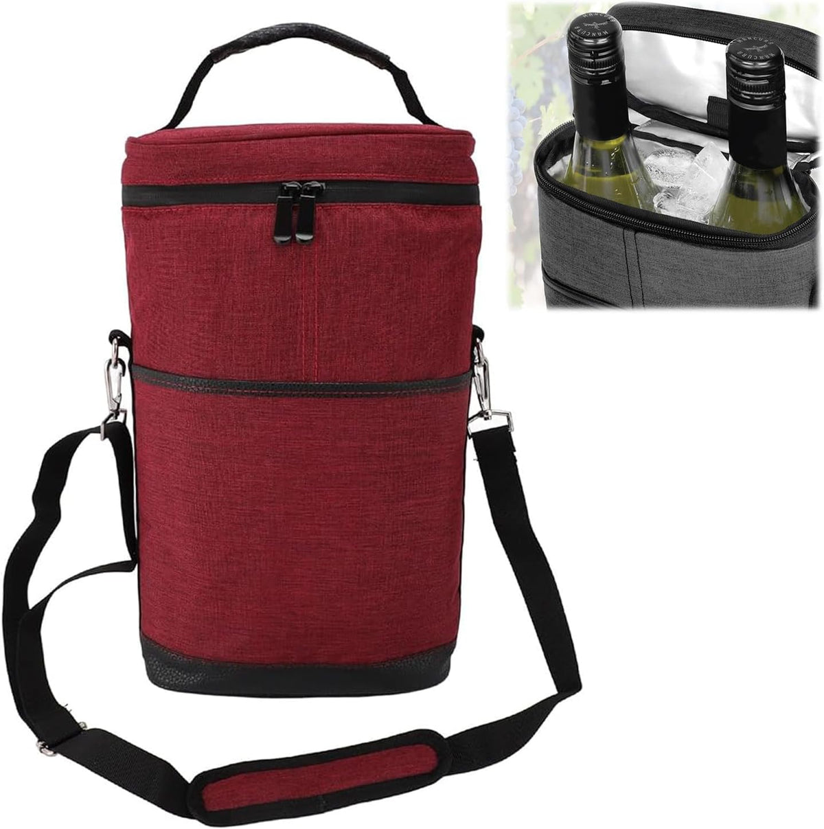 Robuste isolierte Kühltasche aus Canvas – Weintragetasche für zwei Flaschen, verstellbarer Trageriemen