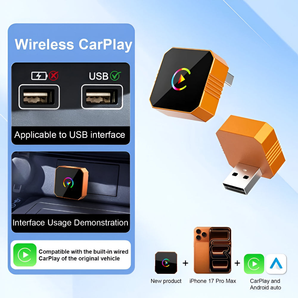 Adattatore wireless per CarPlay — dispositivo USB compatto, collegamento diretto alla porta