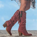 Fringe Western Knee-High Boots With Suede Finish And Block Heel And Boho Details