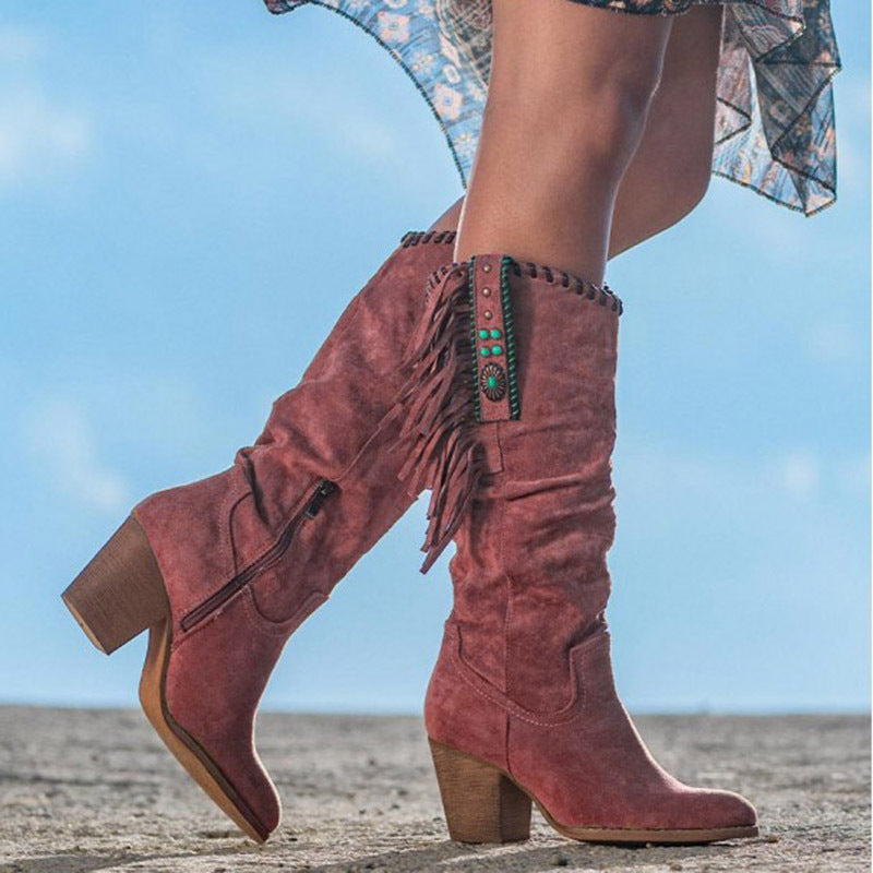 Fringe Western Knee-High Boots With Suede Finish And Block Heel And Boho Details