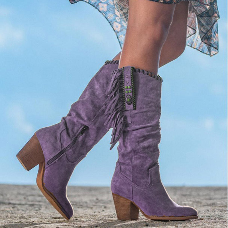 Fringe Western Knee-High Boots With Suede Finish And Block Heel And Boho Details